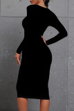 Burgundy Casual Solid Color O Neck Wrapped Skirt Dresses