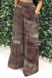 Navy Casual Faux Denim Print Pocket Contrast Loose High Waist Wide Leg Full Print Bottoms