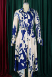 Green Elegant Print Patchwork With Belt Turndown Collar Irregular Dresses