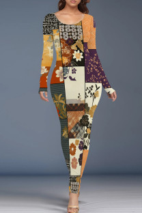 Orange Purple Casual Print Patchwork O Neck Long Dresses