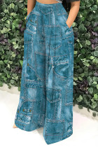 Lake Blue Casual Faux Denim Print Pocket Contrast Loose High Waist Wide Leg Full Print Bottoms