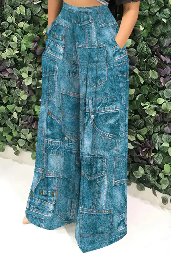 Lake Blue Casual Faux Denim Print Pocket Contrast Loose High Waist Wide Leg Full Print Bottoms