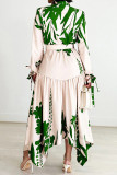 Green Elegant Print Patchwork With Belt Turndown Collar Irregular Dresses