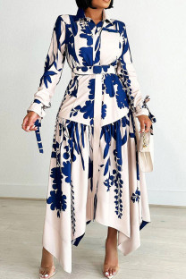 Blue Elegant Print Patchwork With Belt Turndown Collar Irregular Dresses