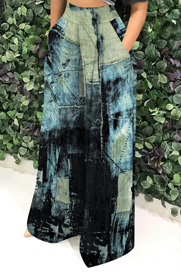 Blue Black Casual Faux Denim Print Pocket Contrast Loose High Waist Wide Leg Full Print Bottoms