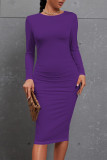 Burgundy Casual Solid Color O Neck Wrapped Skirt Dresses