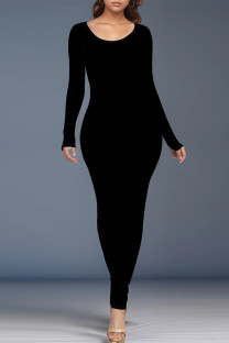 Black Casual Solid Color O Neck One Step Skirt Dresses
