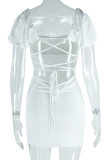 White Casual Solid Color Backless Belted Square Neck Short Sleeve Short Sleeve Dress