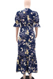 Multicolor Elegant Print Patchwork Slit V Neck Long Dresses