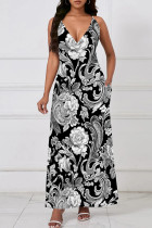 Black And White Casual Print Pocket Patchwork V Neck Long Dresses