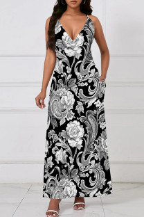 Black And White Casual Print Pocket Patchwork V Neck Long Dresses