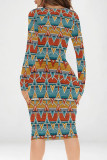 Brown Sexy Street Geometric Print Contrast V Neck Printed Dresses