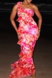 Red Sexy Vacation Floral Print Backless Spaghetti Strap Long Dresses