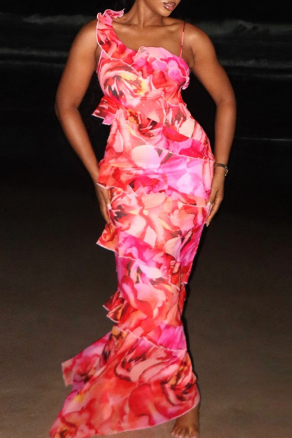 Red Sexy Vacation Floral Print Backless Spaghetti Strap Long Dresses