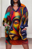 Pink Brown Casual Street Figure Print Pocket Contrast V Neck Printed Plus Size Dresses