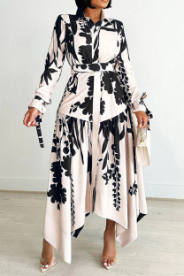 Black Elegant Print Patchwork With Belt Turndown Collar Irregular Dresses
