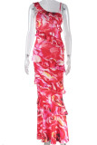 Red Sexy Vacation Floral Print Backless Spaghetti Strap Long Dresses