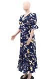 Multicolor Elegant Print Patchwork Slit V Neck Long Dresses