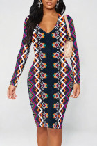 Black Purple Sexy Street Geometric Print Contrast V Neck Printed Dresses