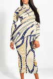Multicolor Street Geometric Print Stripe Contrast Half A Turtleneck Printed Dresses