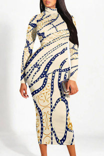 Beige Street Geometric Print Stripe Contrast Half A Turtleneck Printed Dresses