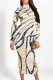 Beige Street Geometric Print Stripe Contrast Half A Turtleneck Printed Dresses