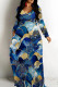 Golden Blue Casual Print Patchwork V Neck Long Dresses