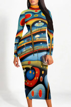 Blue Street Geometric Print Stripe Contrast Half A Turtleneck Printed Dresses