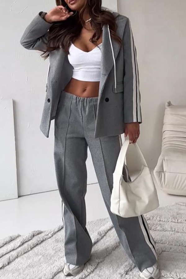 Dark Gray Casual Buttons Patchwork Contrast Turn-back Collar Long Sleeve Two Pieces