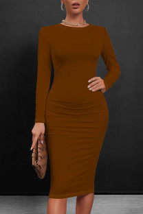 Brown Casual Solid Color O Neck Wrapped Skirt Dresses