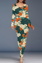 Ink Green Casual Print Patchwork O Neck Long Dresses