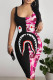 Black Pink Casual Cartoon Print Contrast U Neck Printed Dresses