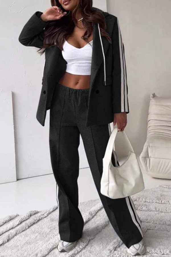 Black Casual Buttons Patchwork Contrast Turn-back Collar Long Sleeve Two Pieces