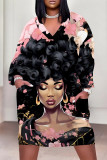 Pink Brown Casual Street Figure Print Pocket Contrast V Neck Printed Plus Size Dresses