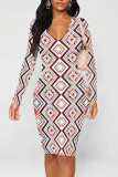 Brown Sexy Street Geometric Print Contrast V Neck Printed Dresses