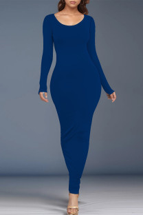 Blue Casual Solid Color O Neck One Step Skirt Dresses