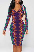 Purple Sexy Street Geometric Print Contrast V Neck Printed Dresses