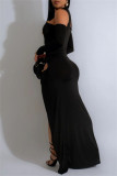 Black Sexy Hot Solid Color Hollow Out Slit Half A Turtleneck Long Sleeve Two Pieces