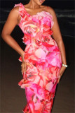 Red Sexy Vacation Floral Print Backless Spaghetti Strap Long Dresses