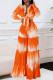 Tangerine Red Casual Print Patchwork Strap Design Deep V Neck Long Sleeve Two Pieces