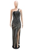 Black Sexy Patchwork Backless Slit Hot Drill Oblique Collar Long Dresses