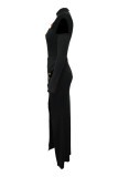 Black Sexy Hot Solid Color Hollow Out Slit Half A Turtleneck Long Sleeve Two Pieces
