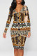 Brown Sexy Street Geometric Print Contrast V Neck Printed Dresses