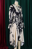 Green Elegant Print Patchwork With Belt Turndown Collar Irregular Dresses