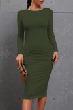 Burgundy Casual Solid Color O Neck Wrapped Skirt Dresses
