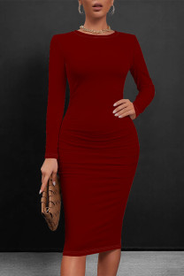 Burgundy Casual Solid Color O Neck Wrapped Skirt Dresses