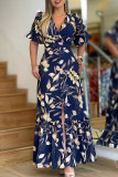 Multicolor Elegant Print Patchwork Slit V Neck Long Dresses