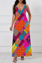 Multicolor Casual Print Pocket Patchwork V Neck Long Dresses