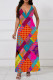 Multicolor Casual Print Pocket Patchwork V Neck Long Dresses