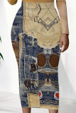 Blue Red Casual Print Patchwork Regular Mid Waist Pencil Positioning Print Bottoms